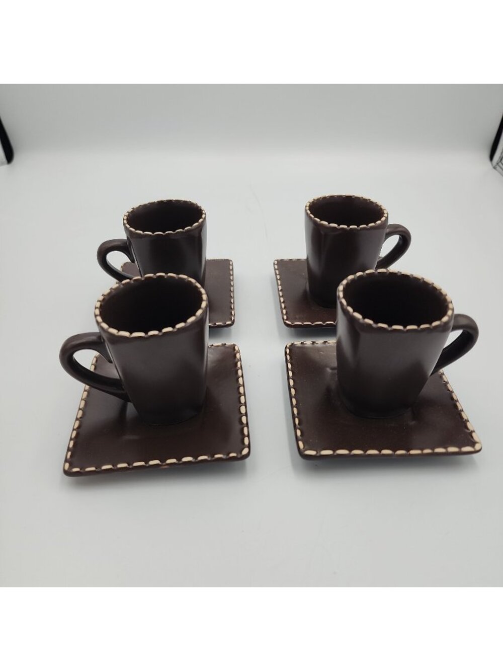 vintage Brown Set 4 espresso cups and square saucers unique dark brown Stoneware